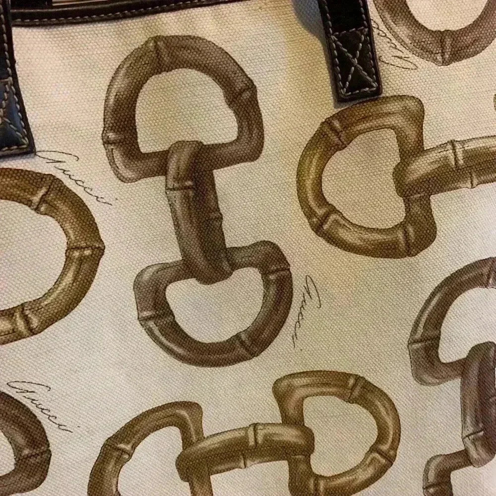 Gucci Vintage Tote Bag Canvas Leather Horsebit Logo  Pattern Beige and Brown. - Picture 3 of 15